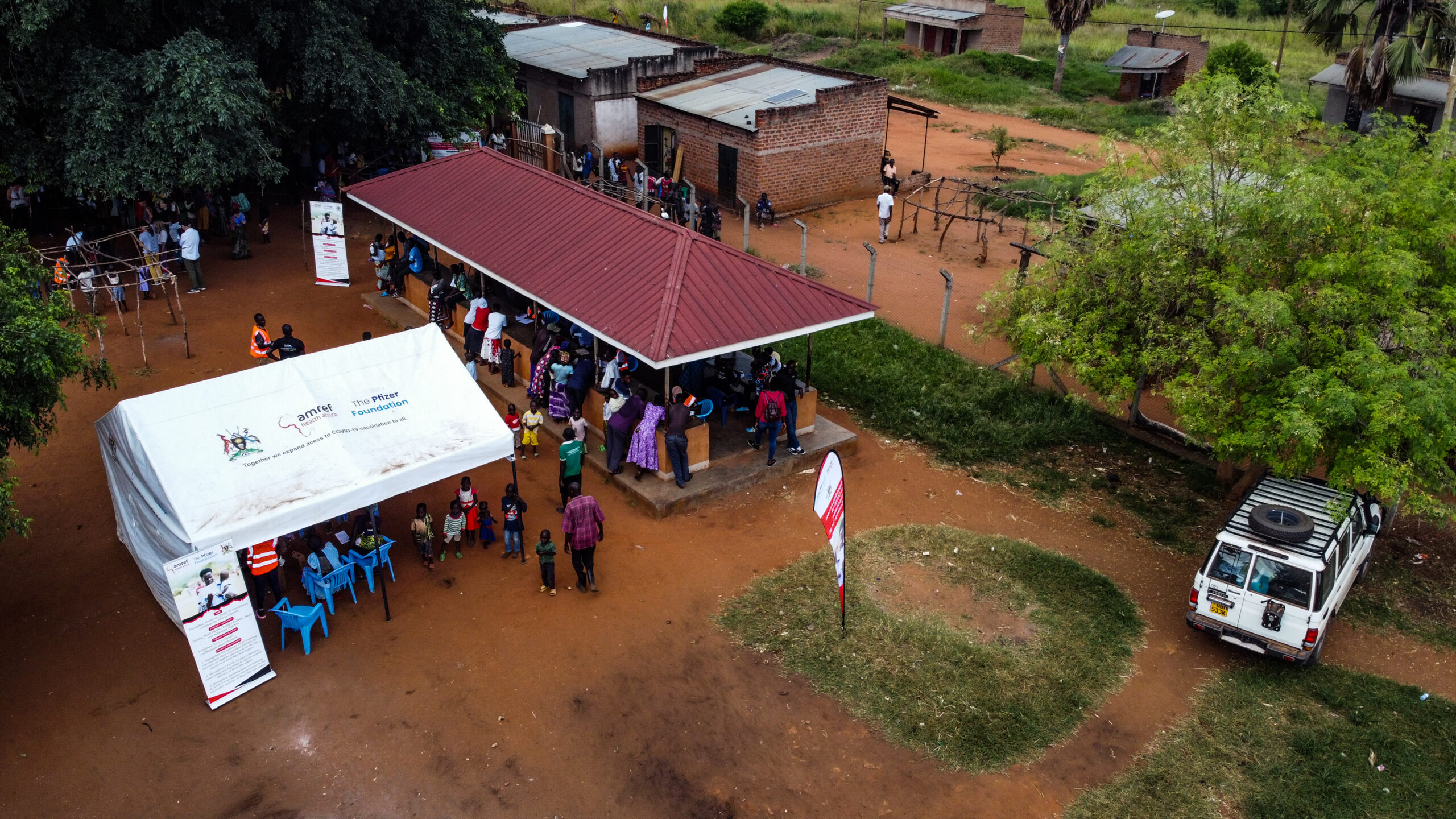 An aerial view of the entire vaccination station